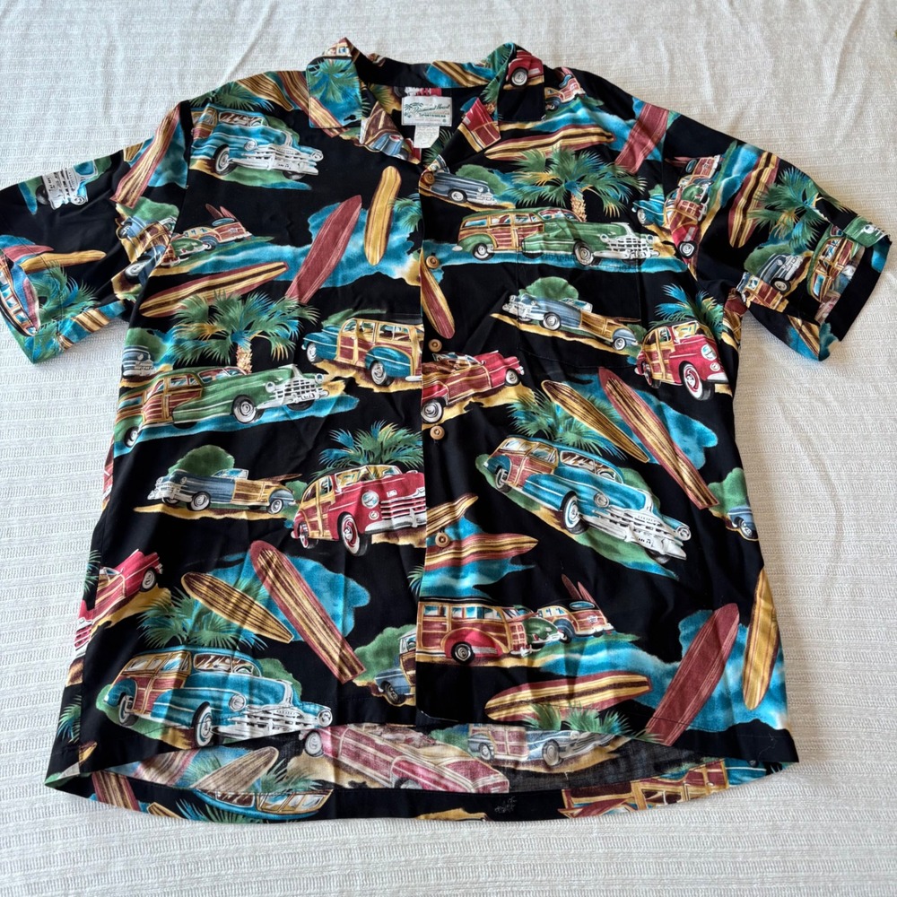 Diamond Head Sports‎ wear Hawaiian Shirt Large Black Woody Car Surfboard Rayon